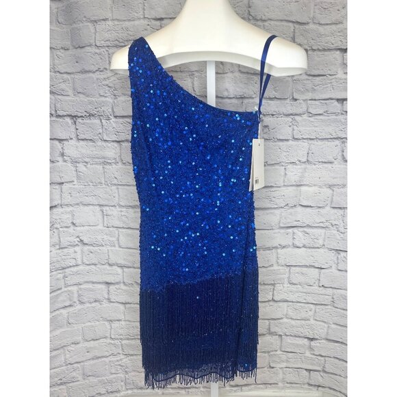 Mac Duggal Sequined Mini Dress NEW Cobalt Blue One Shoulder Fringe Hem Size 6 - Picture 2 of 13